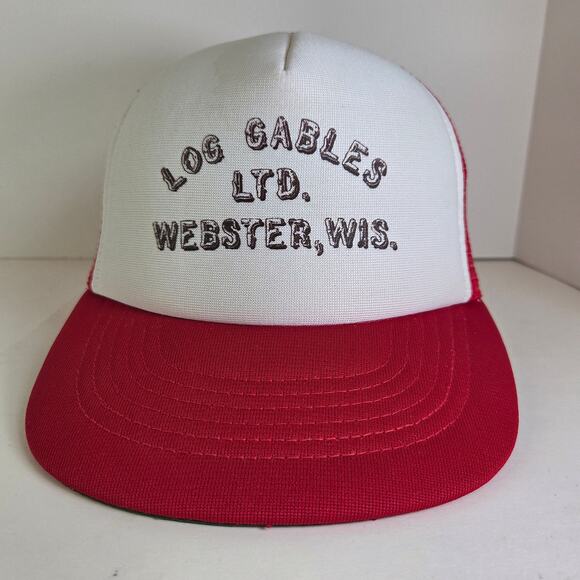 Vintage 80s Trucker Hat Log Gables Webster Wisconsin Snapback Mesh Red White - Picture 1 of 10